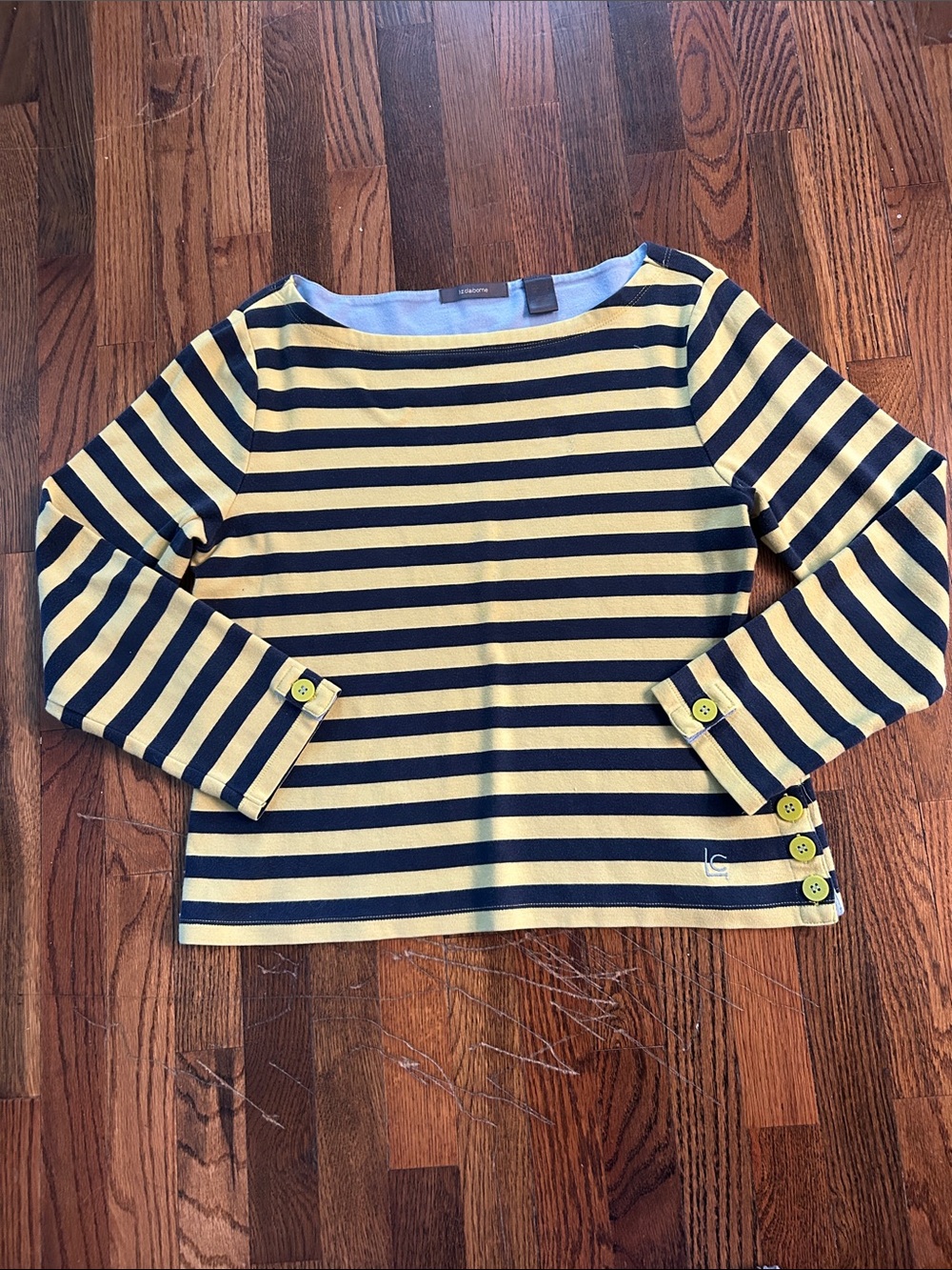 Liz Claiborne Women’s Navy and Yellow Striped Long Sleeve Top w/Button Accents